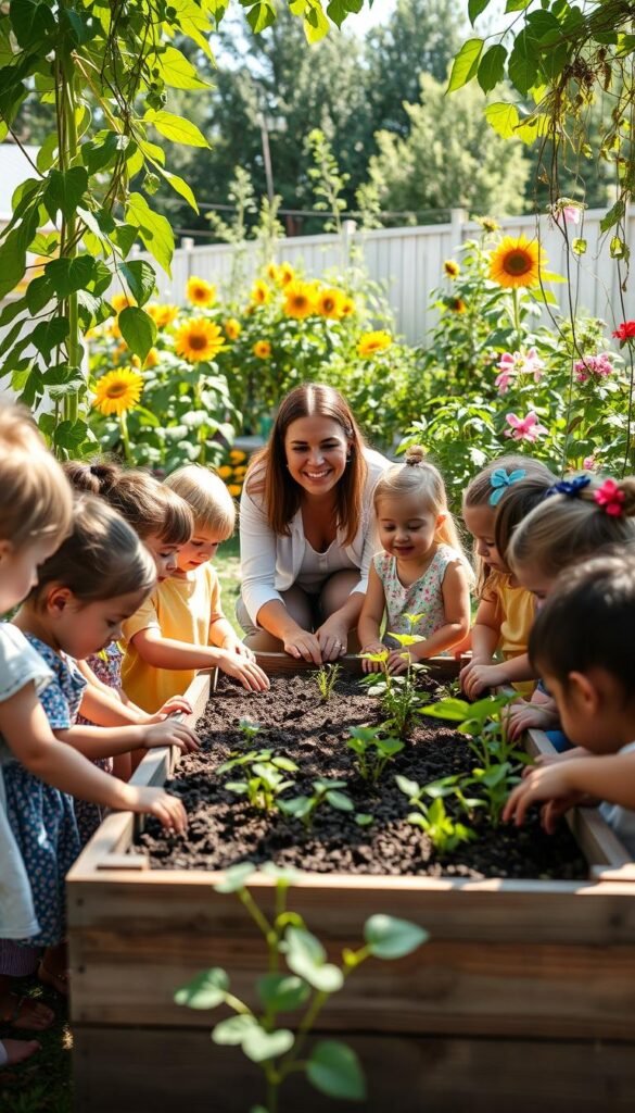 A sun-dappled outdoor preschool garden, lush with vibrant greenery and colorful blooms. In the foreground, a group of eager children gathered around a wooden planter, their hands delving into the rich soil as they learn about plant growth. In the middle ground, a teacher kneels beside them, guiding their explorations with a warm smile. The background showcases a diverse array of plants, from towering sunflowers to trailing vines, all basking in the soft, natural lighting. The scene exudes a sense of wonder and discovery, perfectly capturing the essence of a preschool gardening lesson.