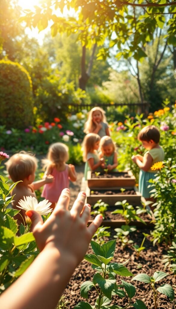 A sun-dappled outdoor scene, young children exploring a lush, verdant garden. In the foreground, curious hands reaching out to touch soft petals and curious leaves. In the middle ground, a group of students gathered around a small wooden planter, tending to seedlings with gentle care. In the background, a vibrant array of flowers, trees, and shrubs, inviting further discovery. Warm, diffused lighting casts a serene, inviting glow, as if captured through the lens of a vintage camera. The overall mood is one of wonder, curiosity, and a deep connection to the natural world - the perfect illustration for an introduction to preschool gardening themes.