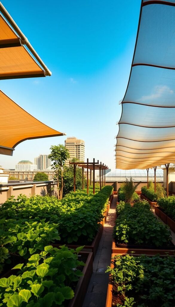 A sun-dappled rooftop garden with strategically placed wind and sun protection systems. In the foreground, a series of sleek, modern retractable awnings and shades cast playful patterns of light and shadow across lush vegetable beds. In the middle ground, a row of sturdy, adjustable trellises and screens sway gently in a light breeze, guiding the flow of air and filtering the sun's rays. In the background, a series of translucent, undulating canopies create a serene, greenhouse-like atmosphere, sheltering the garden from harsh urban elements. The scene is bathed in a warm, golden glow, evoking a sense of tranquility and connection with nature, even in the heart of the city.