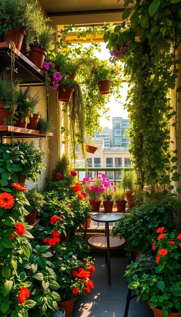 A sun-drenched balcony overflowing with a lush, vibrant herb and flower garden. In the foreground, an array of potted plants cascades from shelves - fragrant rosemary, basil, and thyme intermingle with colorful blooms of marigolds, lavender, and petunias. Trailing vines of ivy and jasmine spill over the edges, creating a verdant, enchanting scene. In the middle ground, a wicker chair and small table invite one to pause and admire the oasis, bathed in warm, golden light filtering through the leaves. The background showcases the urban cityscape beyond, contrasting the serene, naturalistic ambiance of the balcony garden. Captured with a wide-angle lens to emphasize the sense of depth and tranquility within this humble, yet flourishing outdoor haven.