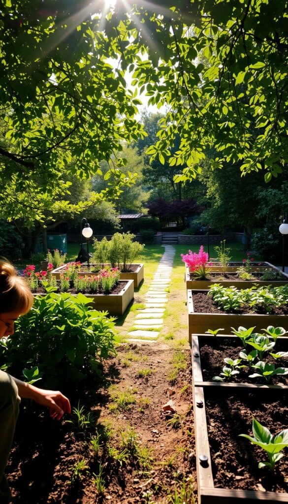 A sun-drenched garden oasis, lush with verdant foliage and vibrant blooms. In the foreground, a gardener kneels, hand thoughtfully caressing the soil, assessing its potential. Dappled light filters through the canopy of overhanging trees, casting a warm, contemplative glow. In the middle ground, raised garden beds stand ready, their rich, dark earth awaiting transformation. Beyond, a winding stone path leads the eye deeper into the landscape, hinting at hidden delights. The overall atmosphere is one of tranquility and promise, an invitation to unlock the boundless creativity of this outdoor haven.