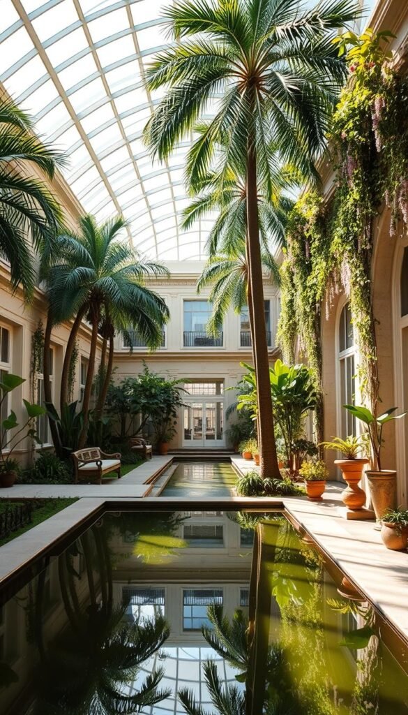 A sun-drenched indoor courtyard with a lush, verdant landscape. The foreground features a serene reflecting pool, its glassy surface mirroring the surrounding greenery. Tall, elegant palm trees sway gently in the soft, natural light filtering through the glass-paneled roof above. Ornate stone benches and pathways invite visitors to meander through the tranquil oasis, while delicate flowering vines cascade from the surrounding walls, adding pops of vibrant color. The middle ground showcases a variety of potted plants, their leaves rustling in a gentle breeze. In the background, high ceilings and large windows create a sense of openness, blurring the boundaries between indoor and outdoor spaces. The overall atmosphere is one of peaceful refuge, where the beauty of nature is beautifully integrated into the built environment.