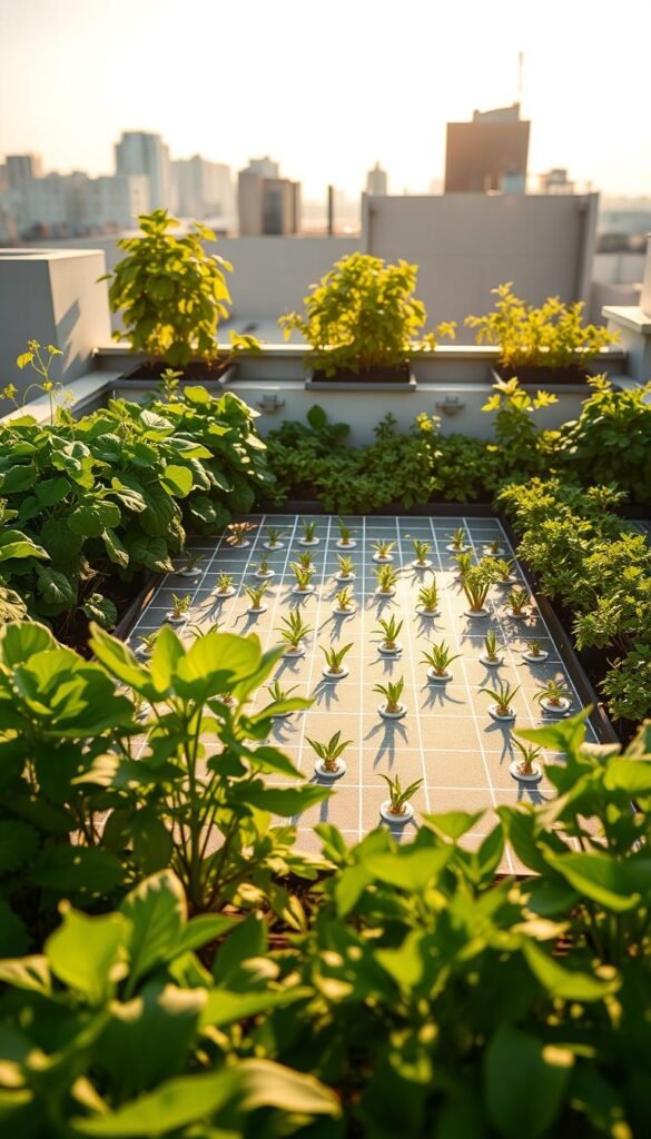 A sunlight mapping diagram showcasing the optimal layout for a rooftop vegetable garden. The foreground depicts vibrant, lush greenery with various plants and crops, their leaves catching the warm, diffused rays of the sun. The middle ground features a carefully plotted grid system, highlighting the strategic placement of each plant to maximize yield and light exposure. In the background, a clean, minimalist architectural rooftop setting provides the perfect canvas for this productive urban oasis. The lighting is natural and atmospheric, with soft shadows and highlights accentuating the textures and colors of the thriving garden. The overall mood is one of tranquility, efficiency, and the harmonious integration of nature and urban living.