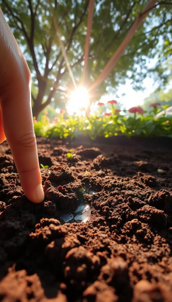 A sunlit garden bed, soil surface gently sloping, revealing pockets of moisture and signs of drainage. In the foreground, a hand reaches down, fingers grazing the earth, assessing texture and moisture content. Soft, diffused light filters through overhead trees, casting a warm, natural glow across the scene. The background features a lush, thriving flower border, hinting at the vibrant blooms to come. Captured with a wide-angle lens to provide a comprehensive overview, this image conveys the importance of carefully evaluating one's growing space and soil conditions to achieve maximum plant health and growth.