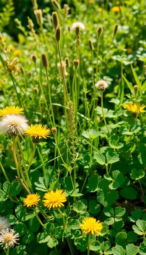 A sunlit garden scene showcasing an array of common weed species. In the foreground, lush foliage of dandelions, plantain, and clover catch the eye, their distinctive leaves and flowers rendered in vivid detail. The middle ground features a cluster of tall, slender ragweed plants, their serrated leaves and tiny blooms clearly visible. In the background, a hazy blur of other weeds like chickweed and purslane create a sense of depth and complexity. Warm, natural lighting casts soft shadows, highlighting the intricate textures and shapes of the plants. The composition is balanced, inviting the viewer to closely examine the visual cues that distinguish these resilient garden invaders.
