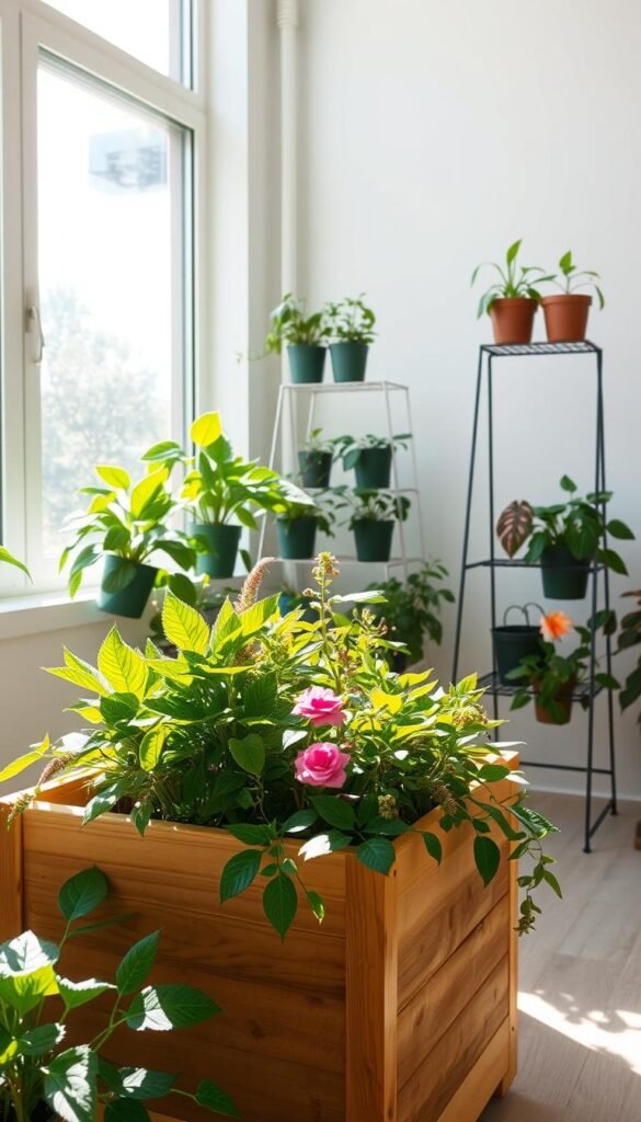 A sunlit indoor garden oasis, with lush foliage and vibrant flora basking in natural light. A wooden planter box stands in the foreground, housing a variety of thriving potted plants - from leafy greens to delicate blooms. Filtered light streams in through large windows, casting a warm, diffuse glow across the scene. Carefully placed reflective surfaces enhance the brightness, creating an airy, luminous atmosphere. In the middle ground, a minimalist wire rack displays additional potted plants, their leaves gently swaying. The background features a clean, neutral-toned wall, allowing the verdant plants to take center stage. An inviting, serene setup that showcases the power of harnessing natural light for a flourishing indoor garden.