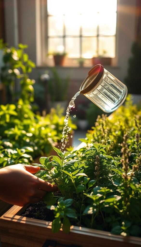 A sunlit kitchen garden, lush with thriving herbs. In the foreground, a person's hands gently watering a small raised bed, water glistening on the verdant leaves. The middle ground reveals rows of healthy basil, rosemary, and thyme plants, their earthy aromas drifting through the air. In the background, a large window overlooking the garden, warm natural light flooding the scene. The atmosphere is one of tranquility and nurturing care, as the gardener tenderly attends to their beloved kitchen herbs. Captured with a shallow depth of field, the focus drawing the viewer's eye to the act of watering and the vibrant greenery. A serene, pastoral moment in an urban oasis.