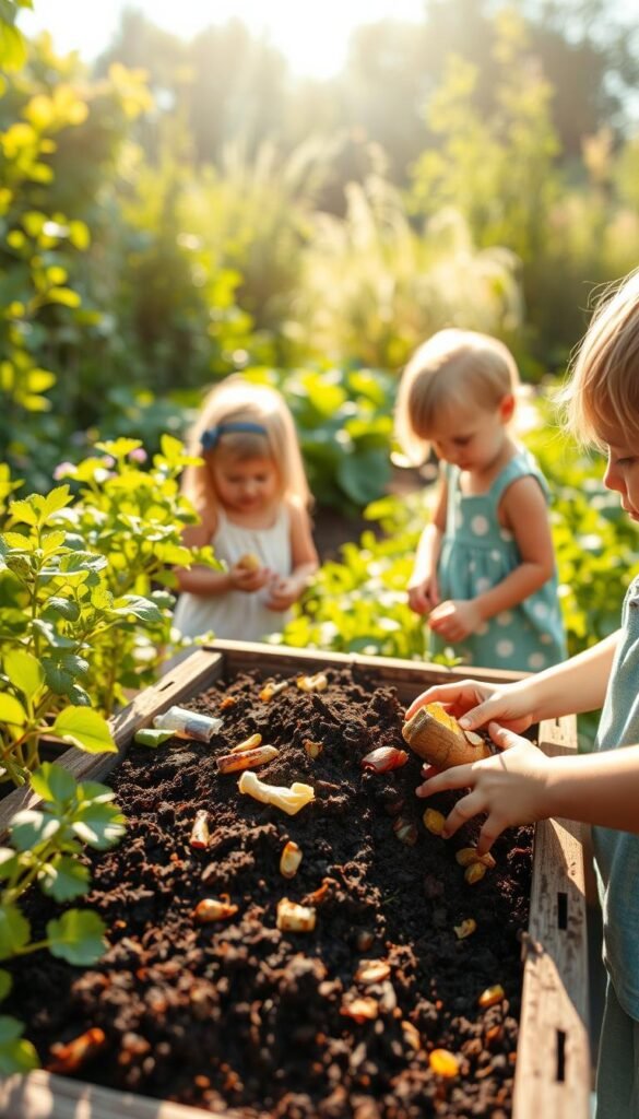 A sunny, lush garden scene with a group of children enthusiastically tending to a compost bin. In the foreground, small hands carefully add kitchen scraps, while in the middle ground, kids observe and learn about the decomposition process. The background features flourishing plants and a vibrant, healthy vegetable patch, showcasing the rich, nutrient-dense soil produced by the compost. Soft, warm lighting bathes the entire scene, conveying a sense of wonder and the joy of connecting with nature. The image emphasizes the educational and environmental benefits of composting, inspiring young minds to embrace sustainable practices.