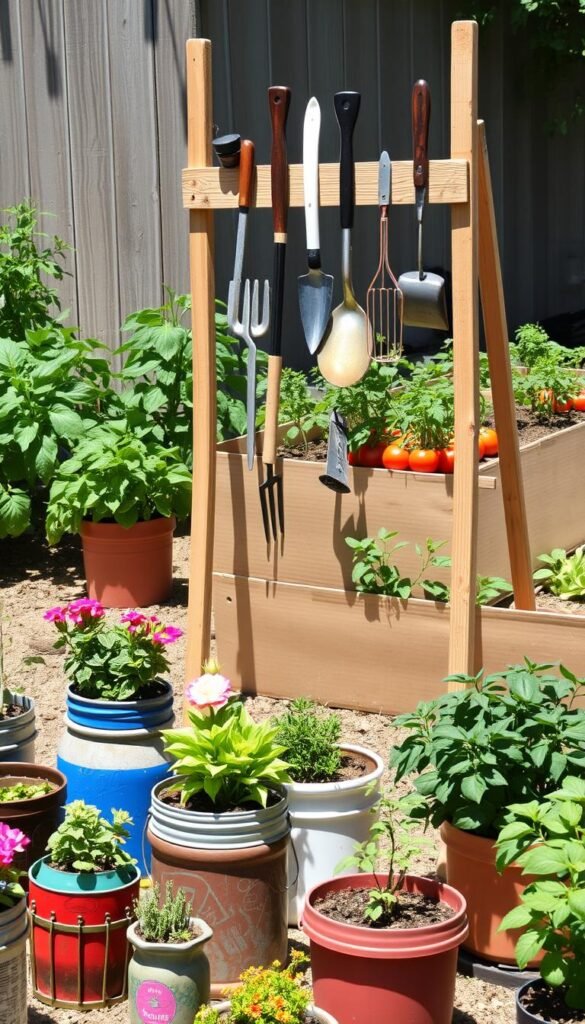 A sunny, well-lit garden scene showcasing budget-friendly gardening with everyday household items. In the foreground, a colorful arrangement of flower pots and planters crafted from repurposed cans, jars, and buckets. The middle ground features a DIY gardening tool rack made from scrap wood and nails, holding a variety of tools like trowels, pruners, and watering cans. In the background, a thriving vegetable patch with leafy greens and vibrant tomato plants, all grown in a makeshift raised bed constructed from cardboard boxes. The overall atmosphere is one of resourcefulness, productivity, and a touch of rustic charm.