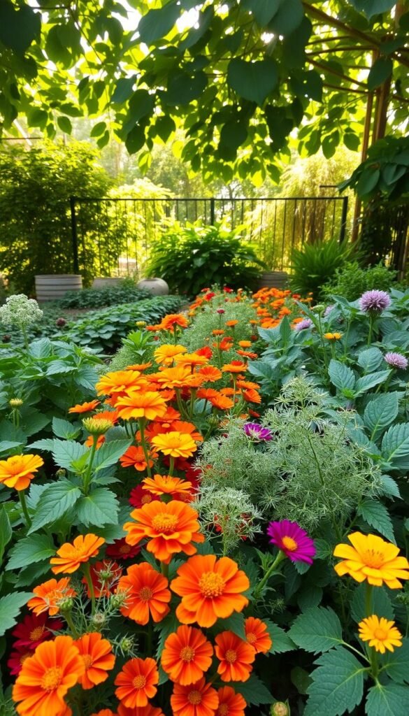 A thriving vegetable garden with diverse companion plants, including vibrant trap crops like marigolds, nasturtiums, and dill, arranged in a harmonious layout. The foreground showcases the lush foliage and blooms of these trap crops, designed to attract and trap common garden pests like aphids, whiteflies, and caterpillars, protecting the valuable crops in the middle ground. The background features a warm, natural light filtering through a canopy of verdant leaves, creating a serene and balanced atmosphere. Captured with a wide-angle lens to emphasize the holistic approach to organic pest control through strategic companion planting.
