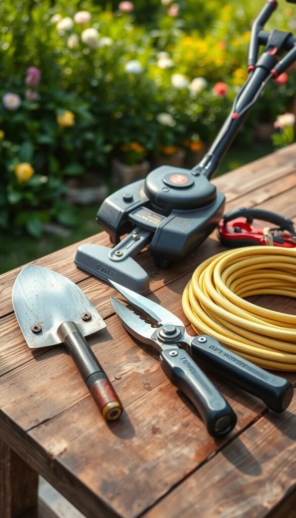 A tidy assortment of classic DIY garden edging tools lies neatly arranged on a wooden workbench. In the foreground, a sharp spade, sturdy pruning shears, and a well-worn trowel gleam under the warm, natural lighting. In the middle ground, a manual lawn edger and a coil of heavy-duty garden hose add practical functionality. The background features a lush, verdant garden scene, hinting at the perfect canvas for these versatile tools to create a custom, handcrafted garden border. The overall composition conveys a sense of rustic charm and the promise of a beautifully edged, flower-filled landscape.