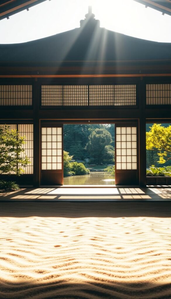 A tranquil Japanese garden bathed in soft, natural light. In the foreground, a zen sand garden with meticulously raked patterns, inviting contemplation. Midground, a wooden pavilion with shoji screens lets the daylight filter in, casting dramatic shadows. In the background, lush greenery and a koi pond shimmer under the sun's gentle rays. The scene is photographed with a wide-angle lens, capturing the harmonious integration of indoor and outdoor spaces. The mood is serene, calming, and deeply meditative, evoking the principles of wabi-sabi.