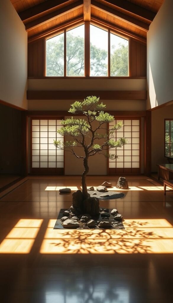 A tranquil Japanese-inspired home, bathed in warm natural light. The interior is minimalist and serene, with clean lines and natural materials like wood and stone. In the center, a meticulously curated Zen garden, complete with a small koi pond and carefully placed rocks. The room is framed by shoji screens, allowing the garden to blend seamlessly with the living space. Soft shadows and reflections dance across the polished floors, creating a soothing, meditative atmosphere. A single, sculpted bonsai tree stands as the focal point, its branches reaching towards the high, exposed-beam ceiling. The overall scene conveys a sense of harmony, balance, and profound inner peace.