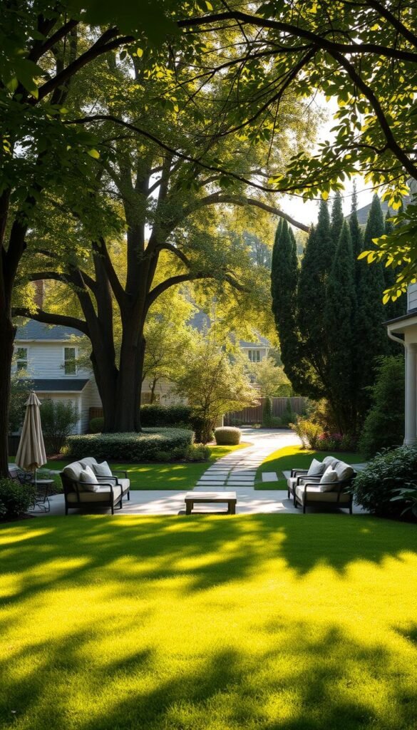 A tranquil backyard oasis, sun-dappled and serene. In the foreground, a neatly manicured lawn frames a central patio with comfortable outdoor furniture, inviting exploration. The middle ground features lush, verdant foliage - towering trees, vibrant shrubs, and a meandering garden path. In the background, a subtle fence or hedge softly delineates the property, hinting at the broader landscape beyond. Warm, golden light filters through the canopy, casting a cozy, inviting glow over the entire scene. The overall composition conveys a sense of balance, function, and a harmonious connection between the built and natural elements, inspiring the viewer to envision the full potential of the outdoor space.