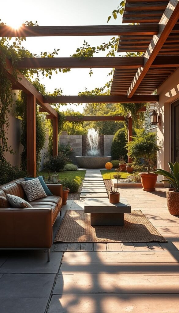A tranquil garden patio adorned with a harmonious blend of textures and materials. In the foreground, a low-slung seating area features a plush, weathered leather sofa paired with a modern, angular coffee table of polished concrete. Potted plants and a woven area rug add softness and visual interest. In the middle ground, a mix of smooth stone pavers and weathered wood planks create an inviting pathway, leading the eye towards a shimmering water feature in the background. Overhead, a pergola of rustic timber beams and trailing vines casts dappled light, evoking a sense of warmth and natural elegance. The entire scene is bathed in golden, late-afternoon sunshine, casting long shadows and lending a serene, contemplative atmosphere.