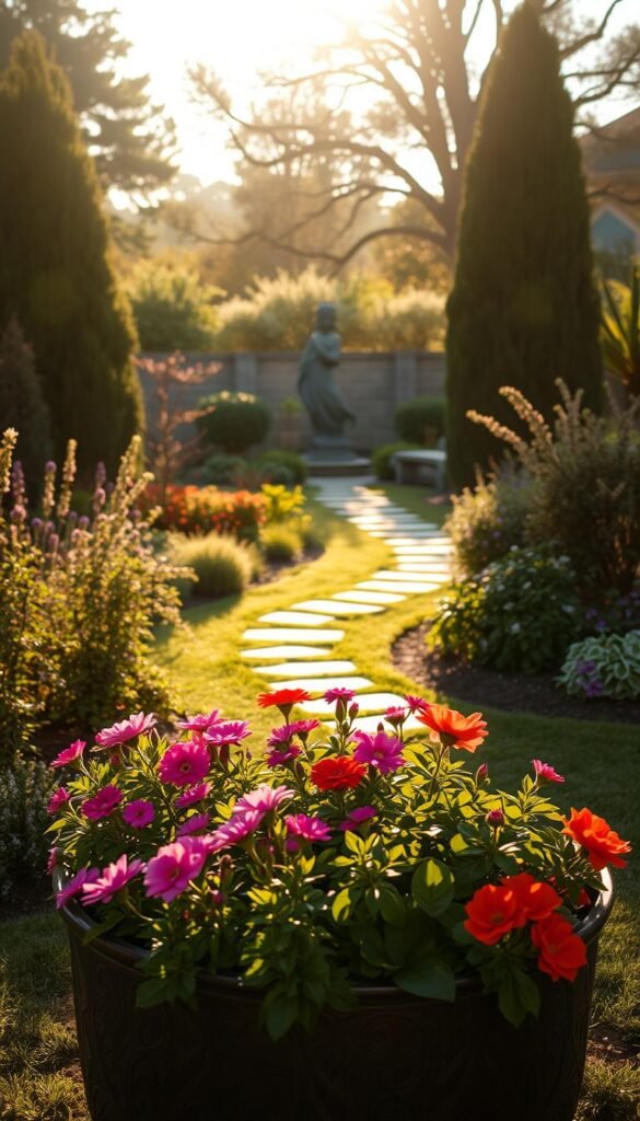 A tranquil garden scene bathed in soft, golden afternoon light. In the foreground, a decorative raised planter bed overflows with vibrant blooms and lush foliage, drawing the eye inward. The middle ground features a winding stone path leading to a beautifully crafted garden sculpture or focal feature, its intricate details highlighted by the gentle illumination. In the background, a backdrop of mature trees and shrubs creates a sense of enclosure, framing the scene and guiding the viewer's attention. The overall composition balances harmony, beauty, and a sense of contemplative serenity, inviting the viewer to linger and appreciate the thoughtfully designed backyard oasis.