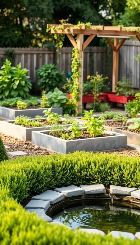 A tranquil garden scene showcasing budget-friendly makeover priorities. In the foreground, neatly trimmed hedges and a small water feature with a stone border. The middle ground features raised garden beds filled with thriving vegetables and herbs. In the background, a simple wooden pergola with climbing vines provides shade and a sense of structure. The lighting is soft and natural, capturing the serene atmosphere of an inviting outdoor space. The overall composition emphasizes practical, low-cost solutions to revitalize a backyard on a budget.
