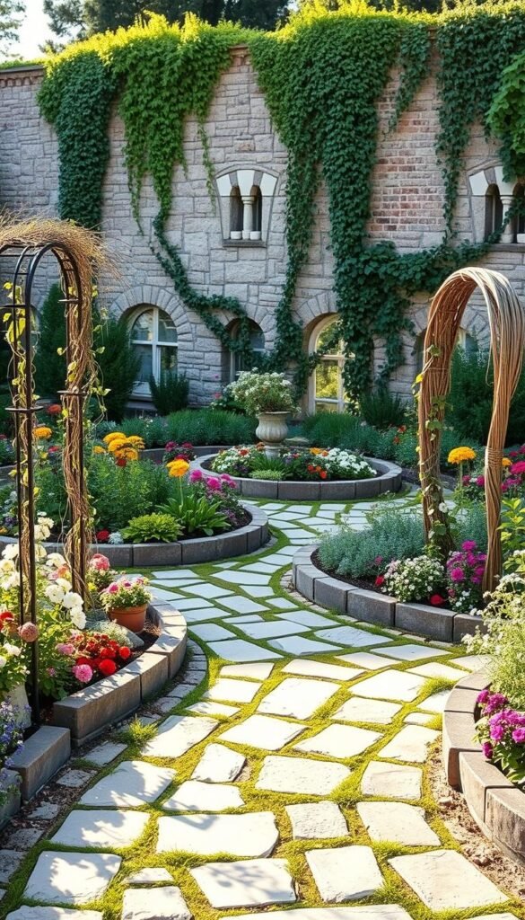 A tranquil garden scene with intricate, creative borders framing lush flower beds. In the foreground, a winding path of natural stone pavers leads the eye through a colorful array of blooming perennials and trailing vines. Delicate wrought-iron trellises support climbing vines, casting soft shadows on the ground. In the middle ground, whimsical woven willow borders delineate planting areas, contrasting with the structured geometric shapes of brick and stone edging. The background features a picturesque stone wall, partially obscured by a profusion of trailing plants cascading over the edge. The overall scene is bathed in warm, golden afternoon light, creating a welcoming, serene atmosphere.