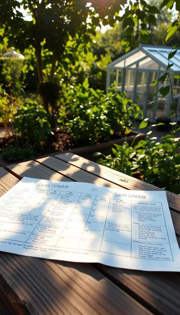 A tranquil garden setting with a hand-drawn garden schedule spread out on a weathered wooden table. The schedule features neatly organized planting dates, crop rotation plans, and succession planting notes. Sunlight filters through lush foliage, casting warm shadows across the scene. In the background, a charming greenhouse or shed can be seen, hinting at the gardener's dedication. The overall atmosphere is one of organized productivity and serene contemplation, reflecting the thoughtful planning required for a thriving vegetable garden.