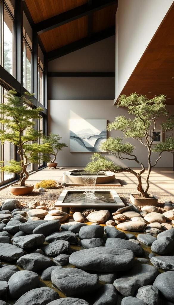 A tranquil indoor Japanese garden, bathed in soft natural light filtering through large windows. In the foreground, smooth river stones and carefully placed bonsai trees create a meditative focal point. The middle ground features a minimalist Zen water feature, its gentle flow creating a soothing ambient sound. In the background, abstract modern art pieces hang on the walls, seamlessly blending traditional and contemporary elements. The overall atmosphere is one of serene harmony, where the principles of Zen are effortlessly integrated into a refined, modern interior.
