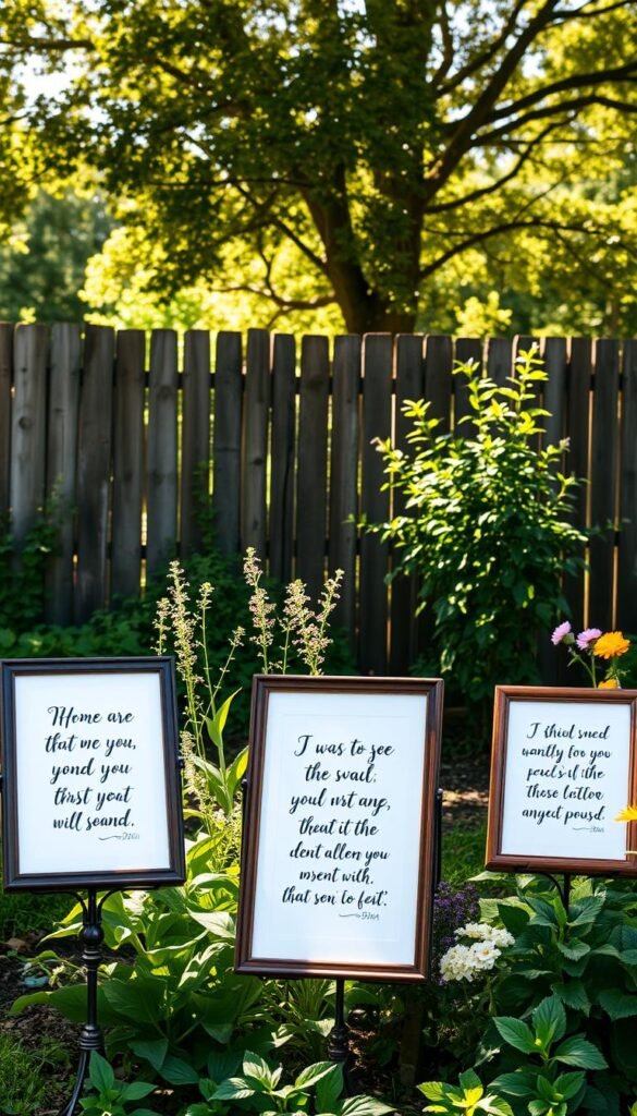 A tranquil outdoor garden scene, with a rustic wooden fence in the background. In the foreground, an assortment of framed garden quotes are artfully displayed on ornate metal stands, casting soft shadows on the lush greenery below. The quotes are handwritten in a flowing cursive script, offering daily inspiration and wisdom. Warm, diffused sunlight filters through the trees, creating a serene, inviting atmosphere. The composition is balanced, with the quotes taking center stage, surrounded by flourishing plants and flowers that complement the natural theme. A sense of harmony and mindfulness pervades the scene, reflecting the calming power of sharing gardening wisdom in an outdoor setting.