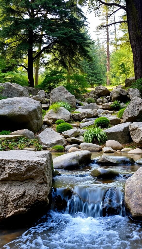 A tranquil rock garden with a serene water feature. In the foreground, a gently flowing stream cascades over smooth boulders, creating a soothing ambiance. The middle ground showcases a variety of textured rocks, mosses, and small plants, forming a natural, earthy composition. In the background, lush greenery and towering trees create a sense of depth and enclosure, casting a soft, natural light across the scene. The overall atmosphere evokes a sense of calm, inviting the viewer to immerse themselves in the harmony of the natural elements.