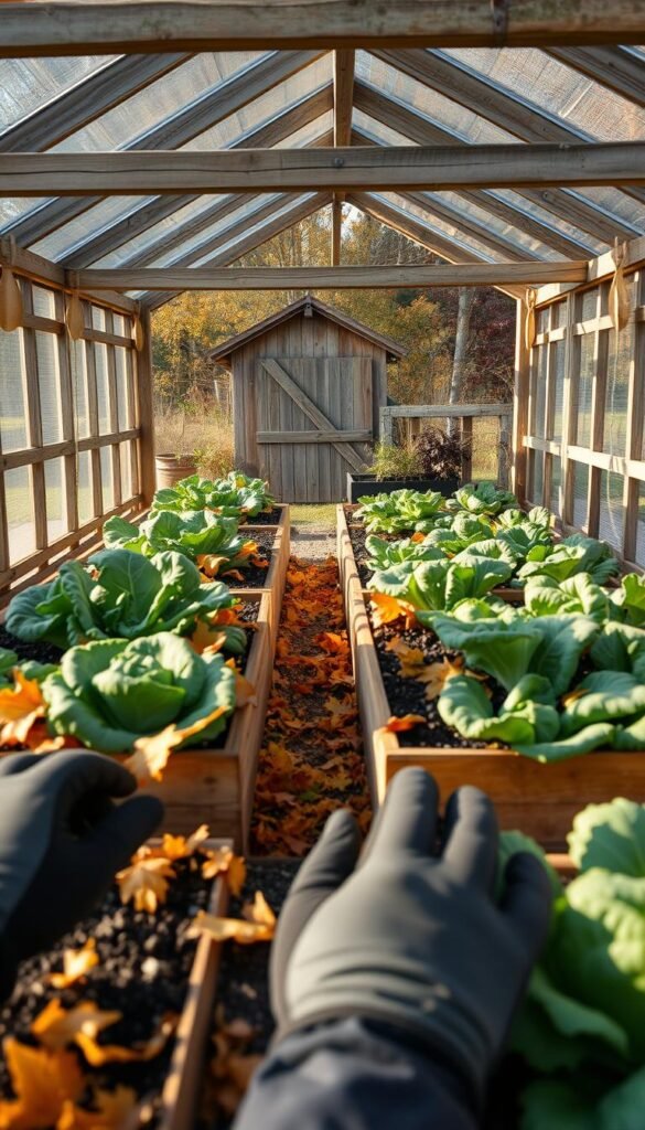 A verdant cold frame garden in autumn, its wooden structure weathered and inviting. Crisp orange leaves drift across the raised beds, where a variety of cool-weather crops flourish - kale, Brussels sprouts, Swiss chard. Warm sunlight filters through the hinged glass panels, casting soft shadows. In the foreground, a gardener's gloved hands tend to the beds, planting new seedlings for the coming season. The background glimpses a rustic shed, its weathered boards framing the scene. An atmosphere of peaceful productivity pervades, hinting at the bounty to be harvested from this resilient, year-round growing system.