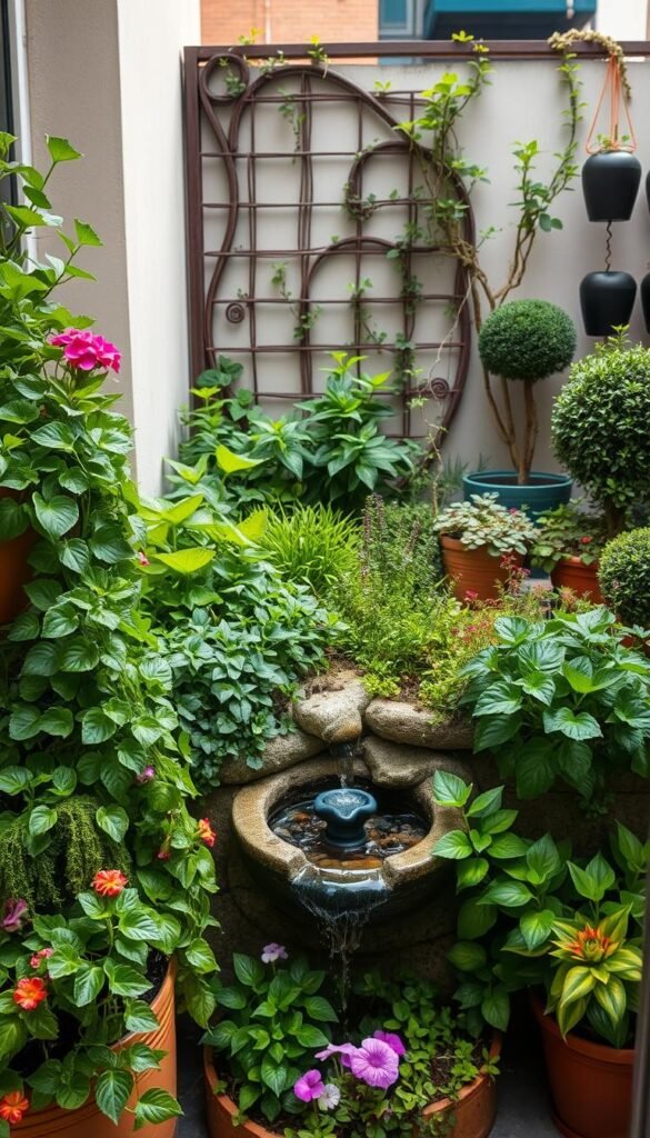 A verdant oasis blooms in a compact urban setting, showcasing a harmonious blend of lush greenery and innovative space-saving solutions. In the foreground, a tiered planter system cascades with cascading vines and vibrant flowers, optimizing vertical space. Nestled amidst this vibrant tableau, a miniature water feature gently bubbles, creating a serene ambiance. The middle ground features cleverly designed trellises, transforming a bare wall into a living tapestry of climbing plants. In the background, a mix of potted shrubs and compact trees create the illusion of a lush, private retreat, despite the limited square footage. Soft, dappled lighting filters through the foliage, casting a warm, inviting glow over the scene. The overall composition exudes a sense of tranquility and resourcefulness, inspiring viewers to reimagine the possibilities of small-scale garden design.