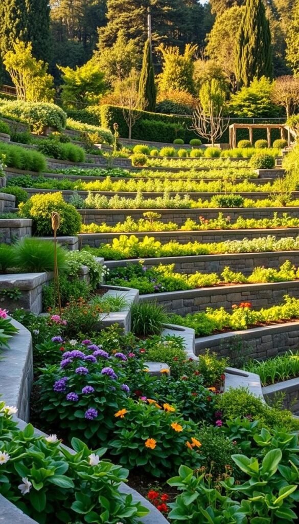 A verdant terrace garden cascading down a multi-level slope, with dynamic planting zones framed by intricate stone retaining walls. In the foreground, lush beds of vibrant foliage and blooming flowers in a harmonious palette. The middle ground features orderly rows of thriving vegetables and herbs, arranged in neatly tiered garden beds. In the distance, a backdrop of towering trees and shrubs creates a sense of depth and natural enclosure. Warm, golden sunlight filters through the canopy, casting soft shadows and highlighting the textural interplay of the plants. The overall composition conveys a serene, picturesque scene of a thoughtfully designed, highly functional and visually captivating terraced garden.