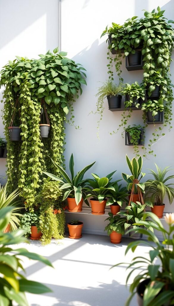 A vertical garden arrangement featuring lush greenery and cascading plants, bathed in soft, natural lighting. The foreground showcases an assortment of trailing vines, hanging baskets, and potted flora expertly arranged in a harmonious display. The middle ground features a modular wall-mounted planter system, its geometric shapes complementing the organic plant life. In the background, a serene nature-inspired setting with muted colors and subtle textures creates a calming, contemplative atmosphere. The overall composition highlights creative solutions for maximizing limited space and bringing the beauty of nature into urban environments.