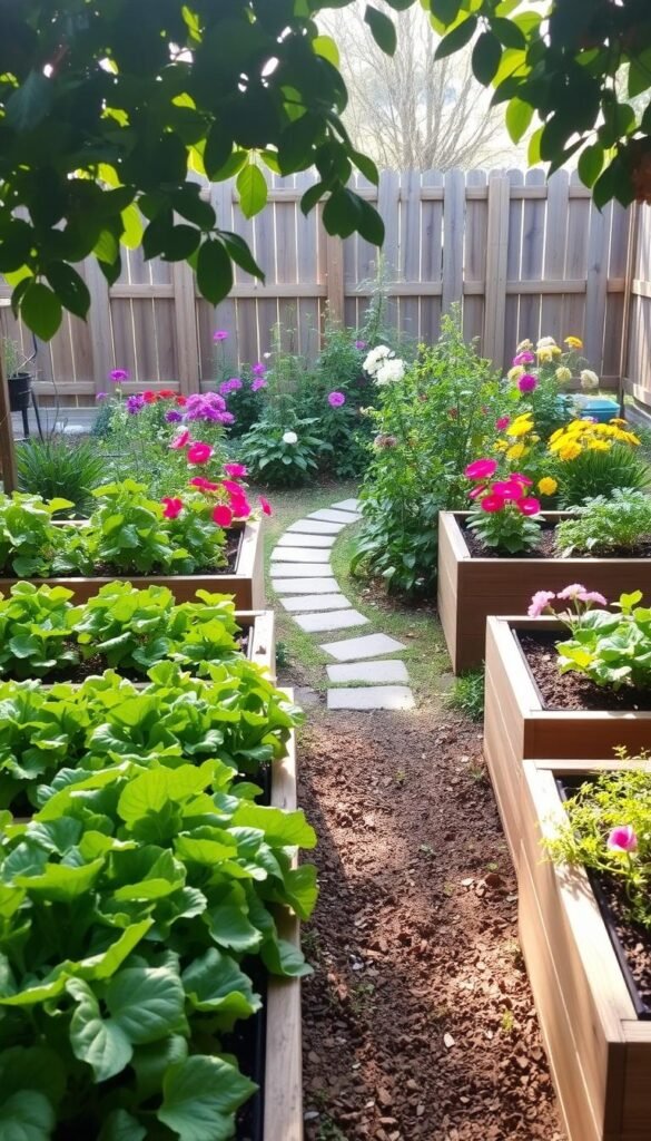 A vibrant DIY garden with raised planting beds, showcasing a variety of lush greenery and colorful flowers. In the foreground, neat rows of vegetables and herbs flourish in carefully constructed wooden beds. The middle ground features a charming stone pathway winding through a whimsical array of flowering plants, their petals dancing in the gentle breeze. In the background, a rustic wooden fence frames the scene, creating a sense of privacy and tranquility. Soft, natural lighting filters through the leaves, casting a warm, inviting glow over the entire landscape. The overall atmosphere radiates a sense of serene self-sufficiency and a personal touch, perfect for a unique backyard retreat.
