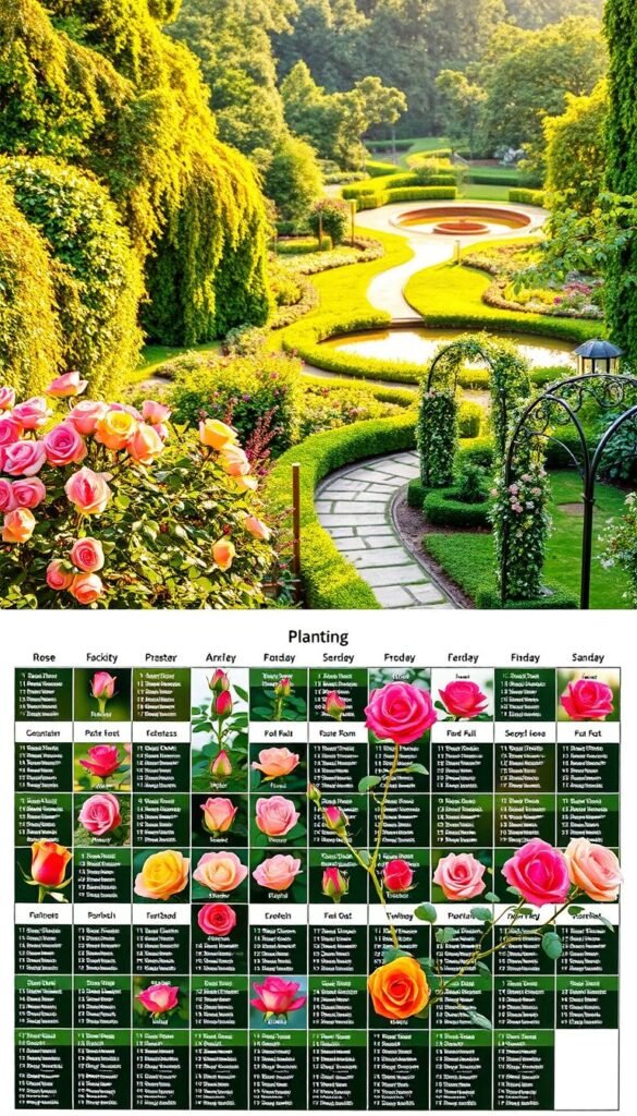 A vibrant and detailed rose planting schedule displayed against a lush, verdant backdrop. In the foreground, a meticulously arranged grid of rose varieties, each labeled with its name and planting instructions. The middle ground showcases various rose plants in different stages of growth, from budding stems to full bloom, all bathed in warm, golden sunlight. In the background, a picturesque garden landscape with a winding path, ornamental trellises, and a serene pond, creating a harmonious and inviting atmosphere. The overall composition conveys a sense of tranquility, organization, and the joy of cultivating a beautiful rose garden.