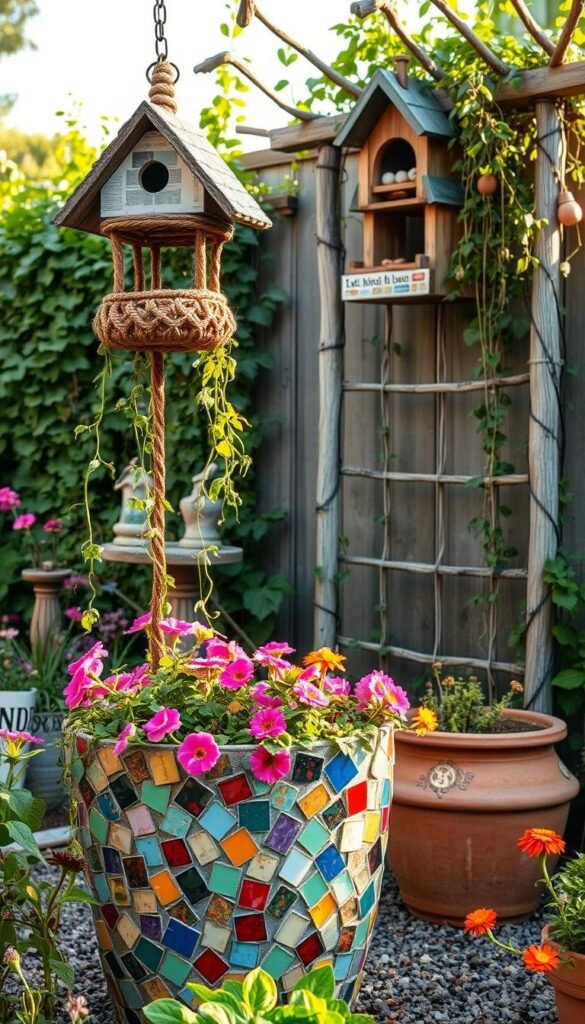 A vibrant and eclectic garden scene with upcycled materials repurposed into whimsical decor. In the foreground, a colorful mosaic planter crafted from broken ceramic tiles, housing a lush array of blooming flowers. Trailing vines cascade from a hanging basket woven from recycled newspaper. In the middle ground, a towering birdhouse fashioned from scrap wood and metal, its intricate design attracting a flock of curious feathered friends. The background showcases a rustic trellis made from reclaimed branches, supporting a verdant tapestry of climbing vines and trailing foliage. Warm, natural lighting bathes the scene, casting a cozy, inviting atmosphere. The overall effect is a harmonious blend of repurposed materials, creating a one-of-a-kind, sustainable garden aesthetic.