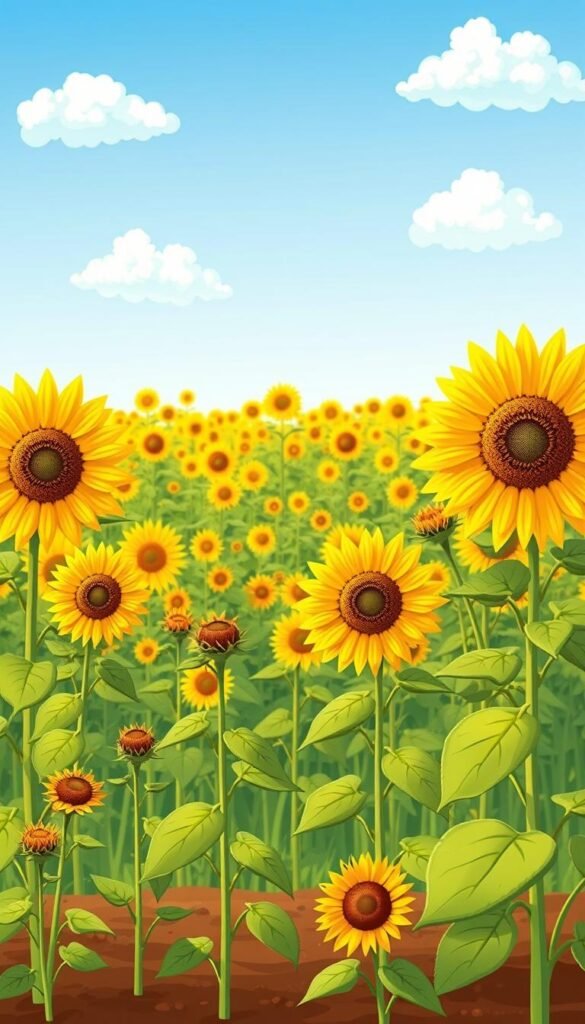 A vibrant and engaging illustration showcasing the growth stages of sunflowers, designed to captivate the imagination of young learners. In the foreground, a series of sunflower plants at various developmental phases, from tiny seedlings to towering blooms, are depicted with meticulous attention to botanical accuracy. The middle ground features a lush, verdant field of sunflowers, their golden petals basking in the warm, natural lighting. In the background, a clear blue sky dotted with fluffy white clouds creates a serene and inviting atmosphere, reflecting the uplifting and cheerful nature of these beloved flowers. The overall composition is designed to spark curiosity and inspire children to engage with the wonders of plant life and the joy of nurturing their own sunflower gardens.
