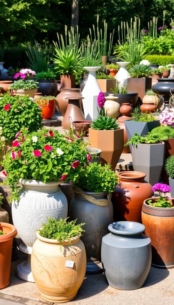 A vibrant and eye-catching display of diverse decorative garden containers, strategically arranged in a lush, sun-dappled outdoor scene. In the foreground, an eclectic mix of ceramic planters, textured terracotta pots, and sleek metal urns brimming with cascading vines and blooming flowers. The middle ground features a variety of geometric and organic-shaped planters, each showcasing a unique color palette and plant selection, creating a harmonious and visually captivating tableau. In the background, a neatly manicured garden bed adds depth and a sense of natural integration, while gentle shadows and warm lighting imbue the scene with a tranquil, inviting atmosphere.
