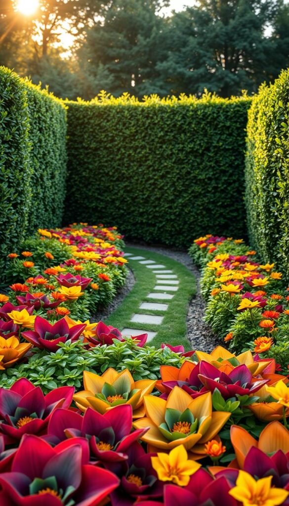 A vibrant and harmonious color repetition garden design. In the foreground, an array of bold, overlapping geometric flower beds featuring a mesmerizing pattern of complementary hues. The middle ground showcases a winding path lined with lush, verdant foliage that leads the eye deeper into the scene. In the background, a neatly trimmed hedge creates a sense of enclosure, while the warm, diffused sunlight filters through, casting a soft, inviting glow over the entire composition. The overall atmosphere evokes a sense of tranquility and balance, with the repetitive patterns and colors working in concert to enhance the visual interest and depth of the small garden space.