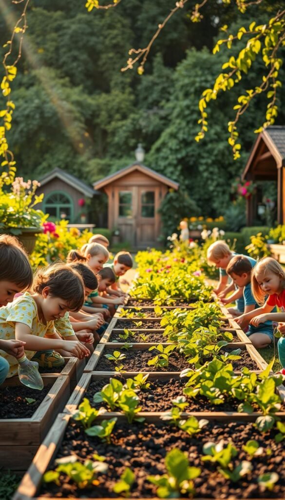 A vibrant and immersive scene of children enthusiastically engaged in gardening activities. In the foreground, a group of diverse youngsters diligently tending to raised garden beds, their faces alight with curiosity and wonder as they carefully plant seeds, water seedlings, and pluck weeds. Warm, golden sunlight filters through lush foliage in the middle ground, casting a soft, inviting glow over the entire scene. In the background, a verdant garden tapestry unfolds, with trailing vines, blooming flowers, and a welcoming wooden shed. The overall atmosphere is one of discovery, collaboration, and a deep connection to the natural world, perfectly capturing the spirit of "Engaging Your Kids in the Gardening Process."