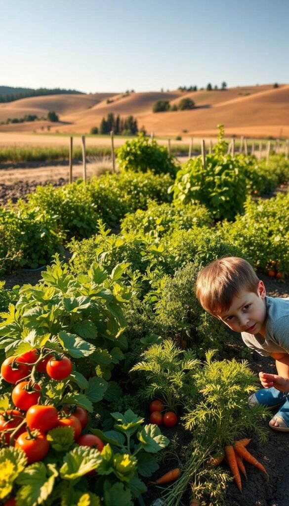 A vibrant and lush garden bursting with an abundance of fast-growing vegetables, including plump tomatoes, crisp lettuce, crunchy carrots, and fresh herbs. The scene is bathed in warm, golden sunlight, casting soft shadows and highlighting the rich, verdant foliage. In the foreground, a young gardener kneels, eagerly tending to the thriving plants, their eyes shining with a sense of accomplishment and wonder. The middle ground features a variety of thriving vegetables at different stages of growth, while the background showcases a picturesque rural landscape, complete with rolling hills and a clear blue sky. The overall atmosphere conveys a sense of excitement, productivity, and the joys of nurturing a bountiful harvest, perfect for an article on fast-growing plants for impatient young gardeners.