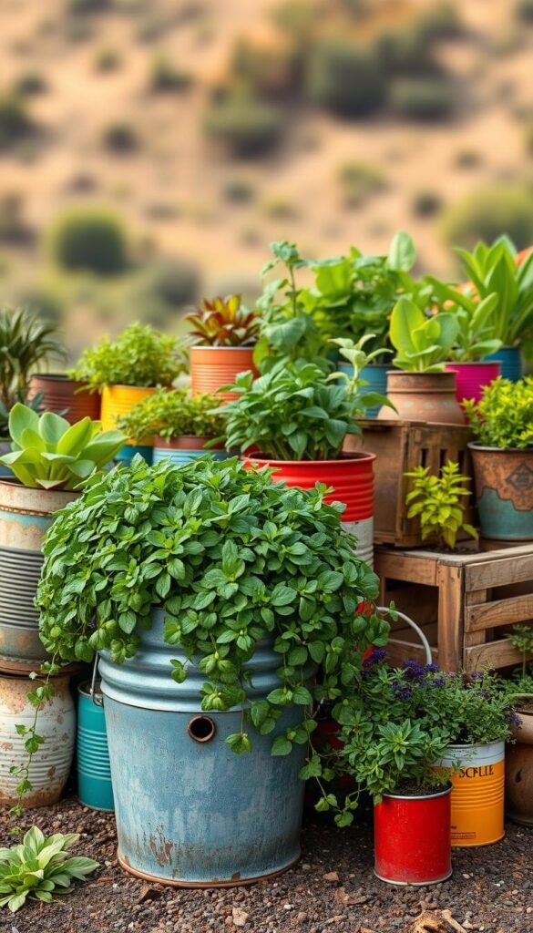 A vibrant and rustic display of upcycled garden planters, featuring an eclectic mix of repurposed items. In the foreground, a weathered metal bucket overflows with a cascading array of lush greenery. Surrounding it, an assortment of colorful vintage cans, old wooden crates, and reclaimed ceramic pots, each bursting with thriving plants. The middle ground showcases a harmonious blend of textures and hues, with a touch of whimsy and character. In the background, a blurred natural landscape provides a serene, earthy backdrop, emphasizing the sustainable and organic nature of the scene. Warm, natural lighting casts a gentle glow, highlighting the unique charm of these one-of-a-kind, upcycled garden planters.