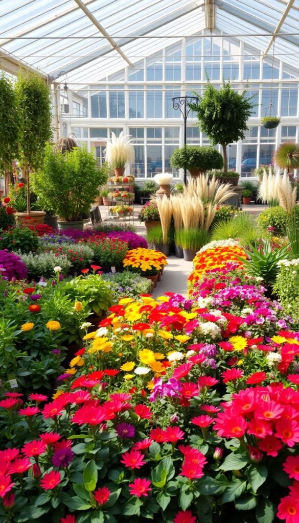 A vibrant and well-stocked garden center, showcasing a diverse array of seasonal plants. In the foreground, lush, blooming annuals and perennials in vivid hues spill out from neatly arranged displays. In the middle ground, a carefully curated selection of potted shrubs, trees, and ornamental grasses offer a more structured backdrop. The background features an airy, sun-dappled greenhouse, its glass panes casting a warm, inviting glow over the scene. The overall atmosphere is one of abundance, inspiration, and the promise of a thriving, year-round garden.