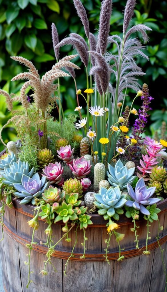 A vibrant and whimsical container garden teeming with diverse plant life, inviting young hands to explore. In the foreground, a collection of colorful, textured succulents and trailing vines cascade over the edges of a rustic wooden planter. The middle ground features tall, swaying grasses and delicate flowers in shades of purple, pink, and yellow, dancing in a warm, diffused light. In the background, a lush, verdant backdrop of leafy greens and architectural foliage creates a sense of depth and wonder. The overall scene exudes a playful, imaginative atmosphere, sparking a child's curiosity to nurture their own unique botanical creations.