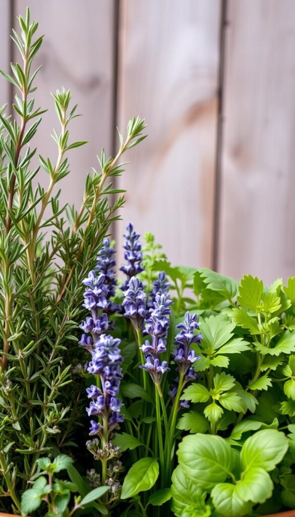 A vibrant arrangement of the most versatile and flavorful herbs, photographed against a soft, natural backdrop. In the foreground, lush sprigs of rosemary, thyme, and oregano stand tall, their leaves glistening with morning dew. The middle ground showcases the delicate, fragrant blooms of lavender and chives, complemented by the broad, green leaves of basil and parsley. In the background, a rustic wooden table or garden bench provides a cozy, inviting setting, hinting at the culinary possibilities these herbs hold. The lighting is soft and diffused, creating a warm, inviting atmosphere that captures the essence of a well-curated herb garden.