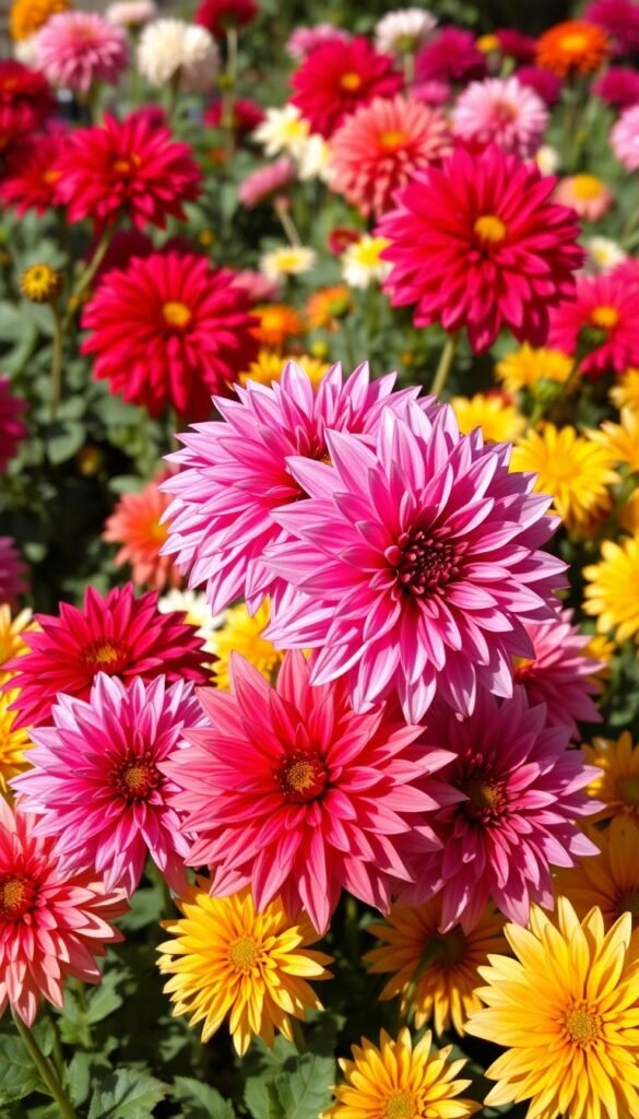 A vibrant array of dahlia flowers in full bloom, showcasing a diverse range of colors and varieties. The foreground features several large, lush dahlias in shades of deep red, bright pink, and soft lavender, their petals unfurling in a natural, organic arrangement. The middle ground reveals a mix of smaller dahlias in yellow, orange, and white hues, adding depth and visual interest. The background blurs softly, creating a sense of focus on the striking floral display. The lighting is warm and natural, casting a gentle glow on the flowers and highlighting their intricate, textured forms. Captured with a wide-angle lens to provide a comprehensive view of the dahlia garden's beauty and diversity.