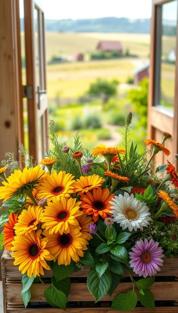 A vibrant array of locally-grown organic flowers, artfully arranged in a rustic wooden crate. The foreground features an assortment of cheerful blooms in warm hues - sunflowers, marigolds, and zinnias - their petals softly illuminated by natural light filtering through a nearby window. In the middle ground, lush greenery of fragrant herbs and foliage adds depth and texture. The background showcases a pastoral scene of a quaint country garden, with rolling hills and a distant farmhouse visible through the open doorway. The overall composition exudes a sense of freshness, simplicity, and connection to the earth, perfectly capturing the essence of sustainable, locally-sourced floral design.