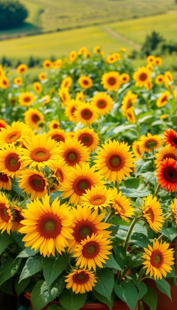 A vibrant array of sunflower varieties flourish in a lush garden setting. In the foreground, a cluster of diverse sunflowers in shades of yellow, orange, and red bloom in large containers, their cheerful faces tilted towards the warm sun. In the middle ground, more sunflowers sway gently in a gentle breeze, their petals catching the soft, diffused lighting. In the background, a verdant landscape frames the scene, hinting at the ideal growing conditions for these sun-loving plants. The overall atmosphere exudes a sense of joy, productivity, and the perfect balance of nature for an optimal sunflower growing experience.