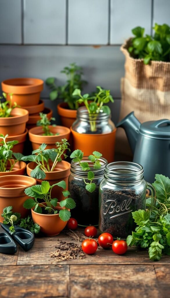 A vibrant assortment of DIY herb garden supplies fills the frame, artfully arranged on a rustic wooden surface. In the foreground, neatly organized terracotta pots, gardening shears, and a watering can sit alongside a collection of fresh herbs in various stages of growth. The middle ground showcases a mason jar filled with soil, ready to be transformed into a charming indoor planter, while in the background, a burlap sack and gardening twine add a natural, homespun touch. The lighting is soft and diffused, casting a warm, inviting glow that enhances the earthy tones and textures of the scene. This carefully curated still life captures the essence of a DIY herb garden project, inspiring the viewer to gather their own supplies and embark on a rewarding indoor gardening journey.