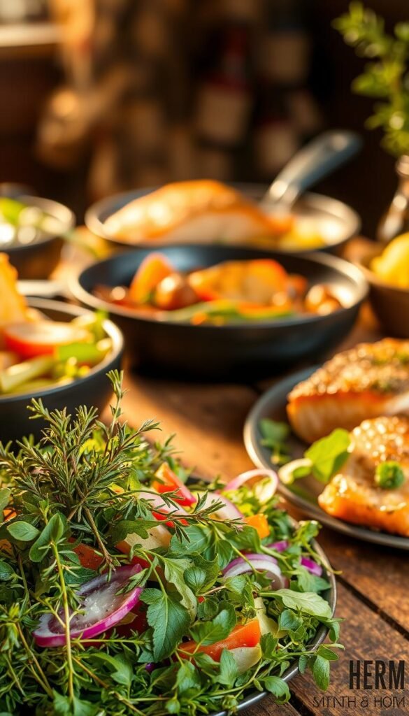 A vibrant assortment of herb-infused dishes artfully arranged on a rustic wooden table, bathed in warm, golden lighting. In the foreground, a delicate salad adorned with delicate sprigs of fresh thyme, rosemary, and basil, their vibrant green hues contrasting against the earthy tones of the wooden surface. In the middle ground, a sizzling pan of roasted vegetables, their surfaces caramelized and infused with the fragrant scents of garlic and oregano. In the background, a steaming bowl of herb-crusted salmon, its flaky flesh complemented by the bold flavors of dill and lemon. The overall scene evokes a sense of culinary artistry and the celebration of nature's bounty, inspiring the viewer to explore the delicious possibilities of cooking with fresh herbs.