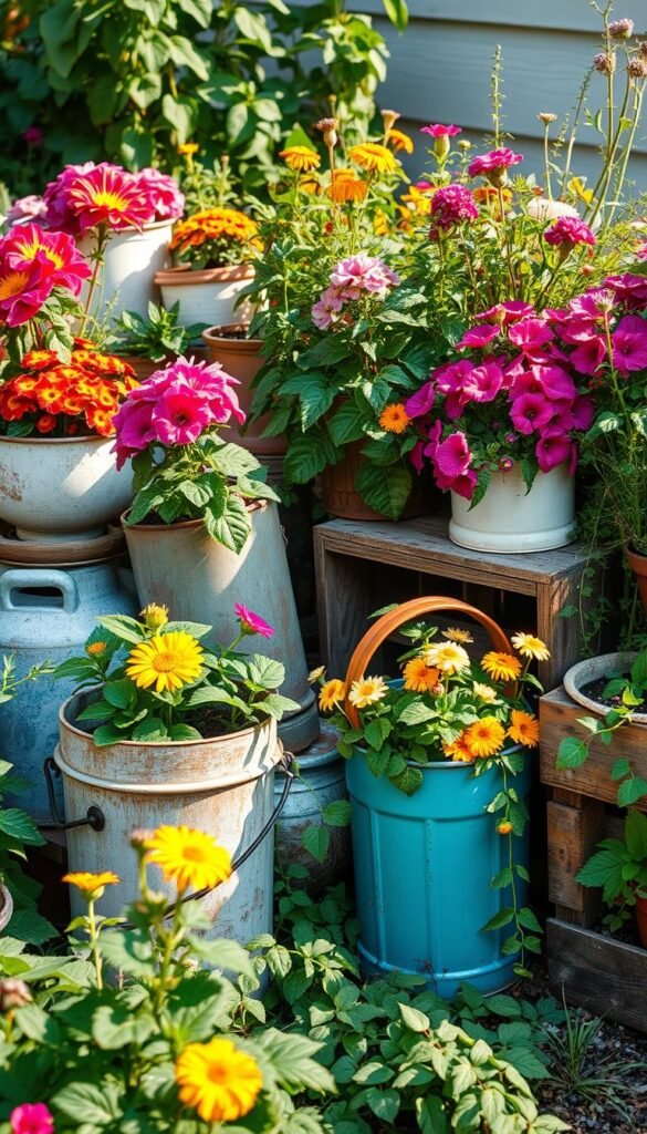 A vibrant assortment of upcycled garden planters nestled among lush greenery. Rustic metal buckets, colorful ceramic pots, and repurposed wooden crates overflow with an array of blooming flowers and trailing vines. Soft natural light filters through the scene, casting warm shadows and highlights that accentuate the unique textures and patinas of the materials. The composition features a balanced blend of foreground, middle ground, and background elements, creating a visually captivating and harmonious display of sustainable gardening creativity.