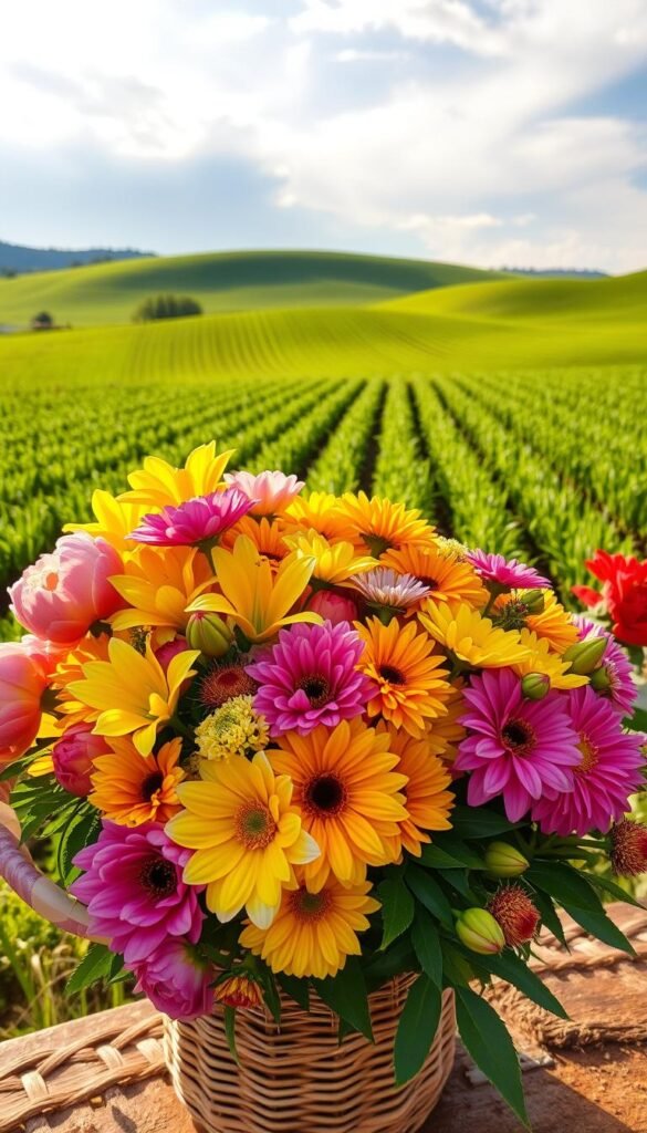 A vibrant bouquet of lush, colorful flowers in a rustic, natural setting. The foreground features an arrangement of blooming peonies, lilies, dahlias, and ranunculus in a woven basket, their petals bursting with vivid hues of pink, yellow, and orange. The middle ground showcases a bountiful garden bed with rows of swaying, sun-dappled stems. In the background, a verdant field with rolling hills and a wispy, cloud-dotted sky create a serene, pastoral atmosphere. Soft, warm lighting casts a golden glow, emphasizing the natural beauty and richness of the bouquet. Captured with a wide-angle lens to showcase the depth and scale of the scene.