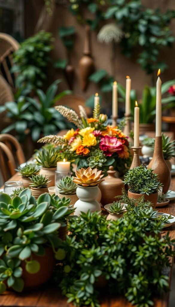 A vibrant, carefully curated tabletop arrangement showcasing an array of decorative elements. In the foreground, a collection of lush, verdant succulents and potted plants in various sizes and shapes, their leaves gently swaying under soft, warm lighting. Scattered across the wooden table surface, an artful assortment of decorative accessories - rustic ceramic vases, delicate glassware, and natural textured candles, creating a harmonious and visually striking display. The middle ground features a central floral centerpiece, its blooms bursting with vibrant colors that effortlessly complement the surrounding greenery. In the background, a subtle, blurred backdrop of earthy tones and lush foliage, setting the stage for this enchanting indoor garden party scene.